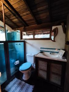 阿尤鲁奥卡Chalé Candeia no Matutu的浴室配有卫生间、盥洗盆和淋浴。