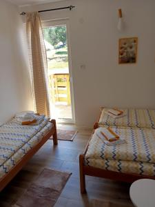 扎布利亚克Vila Danida的客房设有两张床和一扇带门的窗户。
