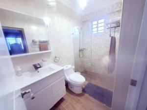 Mendozaa life time memories in a dream vacation home的白色的浴室设有卫生间和淋浴。