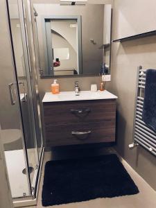 贝内文托Modern city center apartment的浴室配有盥洗盆和带镜子的淋浴