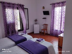 UgaNumero28,Casa Tilama的紫色窗帘间内的两张床
