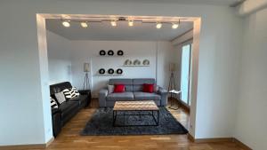 圣格拉蒂安Superbe appartement en centre-ville, 20min de Paris, 5 min d'Enghien的客厅配有灰色沙发和红色枕头