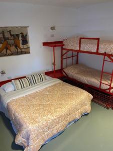 布宜诺斯艾利斯Malevo Murana Hostel的卧室配有两张双层床,墙上挂有绘画作品