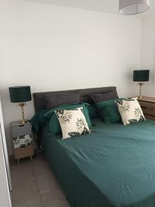 佩皮尼昂Superbe appartement et Parking proche du Centre du Monde的一间卧室配有一张带两盏灯的绿床。