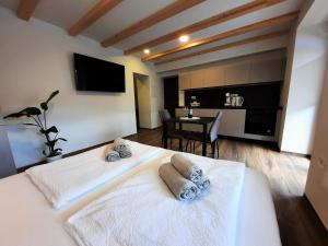 科巴里德Apartments Hlapi with SPA的卧室配有2张白色的床和桌子