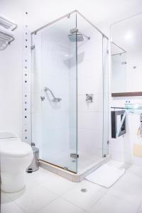 圣玛尔塔圣拓利尼精品酒店 的一间带卫生间的浴室内的玻璃淋浴间