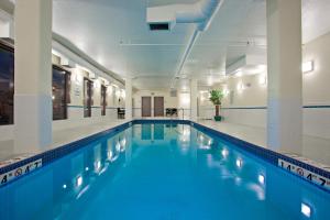 埃德蒙顿埃德蒙顿南假日会议中心旅馆的大楼内的一个蓝色海水游泳池