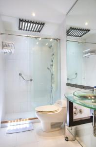 圣玛尔塔圣拓利尼精品酒店 的一间带卫生间和玻璃淋浴间的浴室