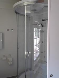 奥伊宾赫尔兹沃克奥宾公寓的带窗户的浴室内的玻璃淋浴间