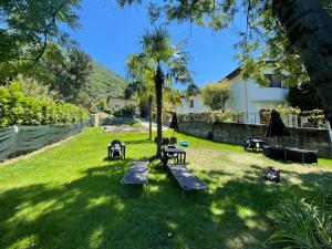 奥梅尼亚Residence Belvedere & Private Beach的草地上设有长椅和遮阳伞的公园