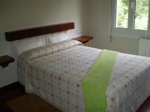 波拉德索米耶多拉布拉纳酒店的一间卧室配有一张带绿色和白色棉被的床