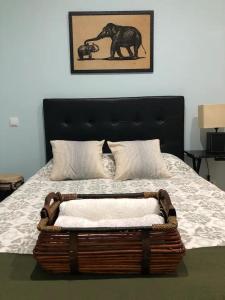 马德里APARTAMENTO PRIVADO CERCA DE IFEMA y AEROPUERTO的一张床上的篮子,上面有一张大象的照片