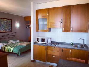 卡瓦利诺欧洲海滩公寓的一个带水槽的厨房和一张位于客房内的床