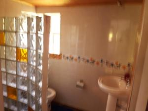 托塔Cabañas Yukatan Lago de Tota的一间带水槽和卫生间的浴室