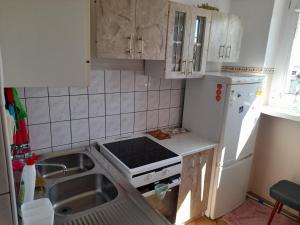弗瓦迪斯瓦沃沃APARTAMENT LAZUROWY的厨房配有水槽和白色冰箱