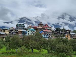 卡尔帕Wanderers Homestay -All mountain facing rooms的山前的一群房子