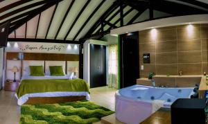 圣罗莎德卡瓦尔Hotel Jade Spa的一间卧室配有一张床和浴缸