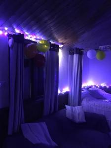 GamrieCroft B&B Accommodation With Hot Tub的一间卧室配有一张带紫色灯和气球的床