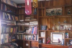 哈马Diosa de la Montaña的客厅配有装满书籍的木书架