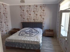 连科兰Частный дом Ленкорань的一间卧室配有一张床铺,床上有毯子
