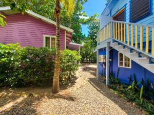 珀拉什奇亚Placencia Villas的粉红色和蓝色的房子,设有楼梯