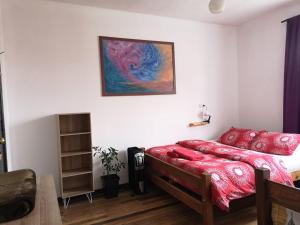 圣地亚哥Hostal Vitalia的卧室配有红色的床和墙上的绘画
