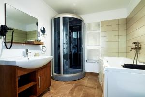 Chilia VecheCasa Chilia Resort&Spa的带淋浴、盥洗盆和浴缸的浴室