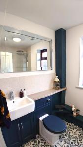 金斯林Avocet Lodge, Snettisham的一间带水槽、卫生间和镜子的浴室