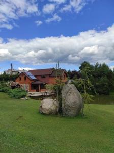 普拉特利艾Žilių sodyba的院子内两块大石头的房子