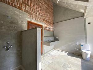 蓬蒂切里Ostel In的一间带卫生间和砖墙的浴室