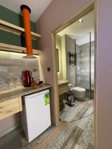 安卡拉ANKA RESİDENCE的一间带水槽、卫生间和淋浴的浴室