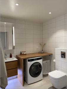 哥德堡Luxurious villa with free parking的一间带洗衣机和卫生间的浴室