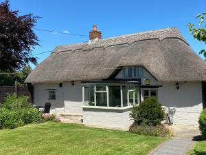 布罗肯赫斯特Thatch Cottage, East Boldre nr Beaulieu and Lymington的茅草屋顶房屋,有草地庭院