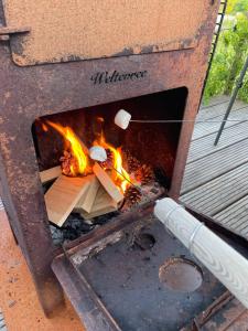 米茨兰WAD NOU Terschelling heerlijk duurzaam chalet!的火烧比萨饼炉内的火