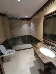 杜拉特阿拉尔Durrah Beach Apartment的一间带卫生间和水槽的浴室
