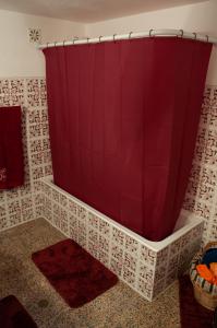 AlpedrizCasa Mourato的一间在客房内配有红色淋浴帘的浴室