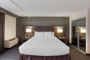 米西索加多伦多机场最佳西方酒店的一张大床,位于酒店带两盏灯的房间