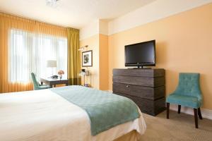 波特兰Hotel DeLuxe的配有一张床和一台平面电视的酒店客房