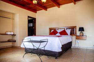 危地马拉安地瓜Nico Hotel的一间卧室配有一张带红色枕头的大床