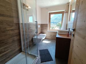 皮拉Les Flocons Pila的带淋浴和卫生间的浴室以及窗户。