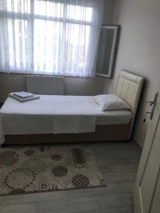 Doğa apart的一间卧室配有一张带窗户和地毯的床