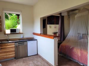 德赛Villa Dream的一个带水槽的厨房和一张位于客房内的床