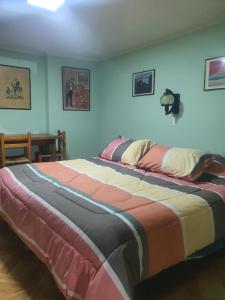 洛斯比洛斯ROMA的一间卧室配有一张大床和色彩缤纷的毯子