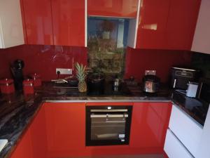 Great BillingPretty Lovely Room的厨房配有红色橱柜和黑色烤箱