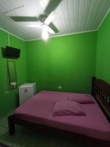 大普拉亚Pousada/suites Praia Grande III的绿色卧室配有一张带紫色床罩的床