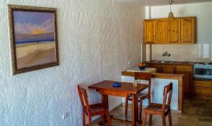 塞利亚尼蒂卡ResidenceTheo的厨房配有桌子和两把椅子、一张桌子和一张桌子。
