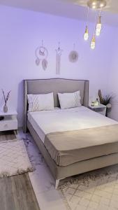 El AouinaIdeal Appart El Wahat VIP的一间卧室设有一张紫色墙壁的大床