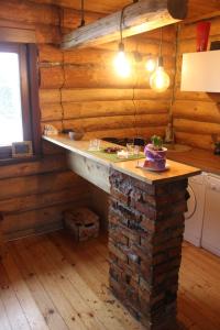 AnspokiZaķu muiža的小木屋内的厨房设有石制台面