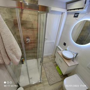 普雷托罗Casa di Nastya的带淋浴、卫生间和盥洗盆的浴室