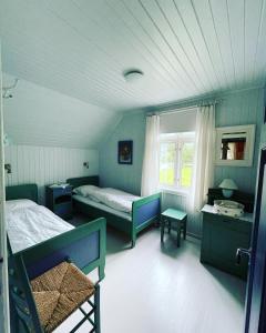 莱达尔绥里Aobrio Holidayhouse, authentic norwegian farmhouse close to Flåm的蓝色的客房设有两张床和窗户。